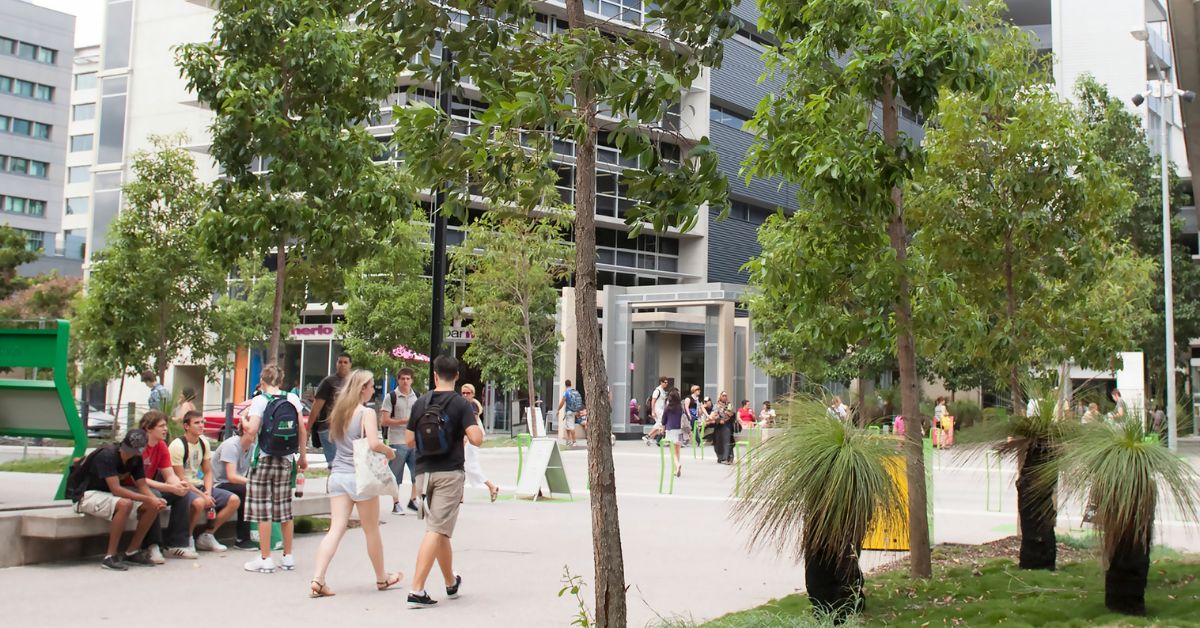 Students mingle and walk through a tree-lined campus plaza with modern buildings in the background